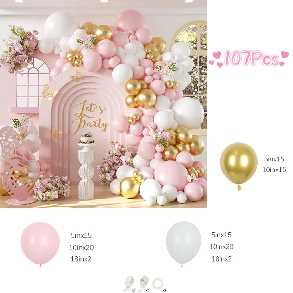 107pcs Pink White Gold Balloon Arch Kit – Party & Wedding Decor